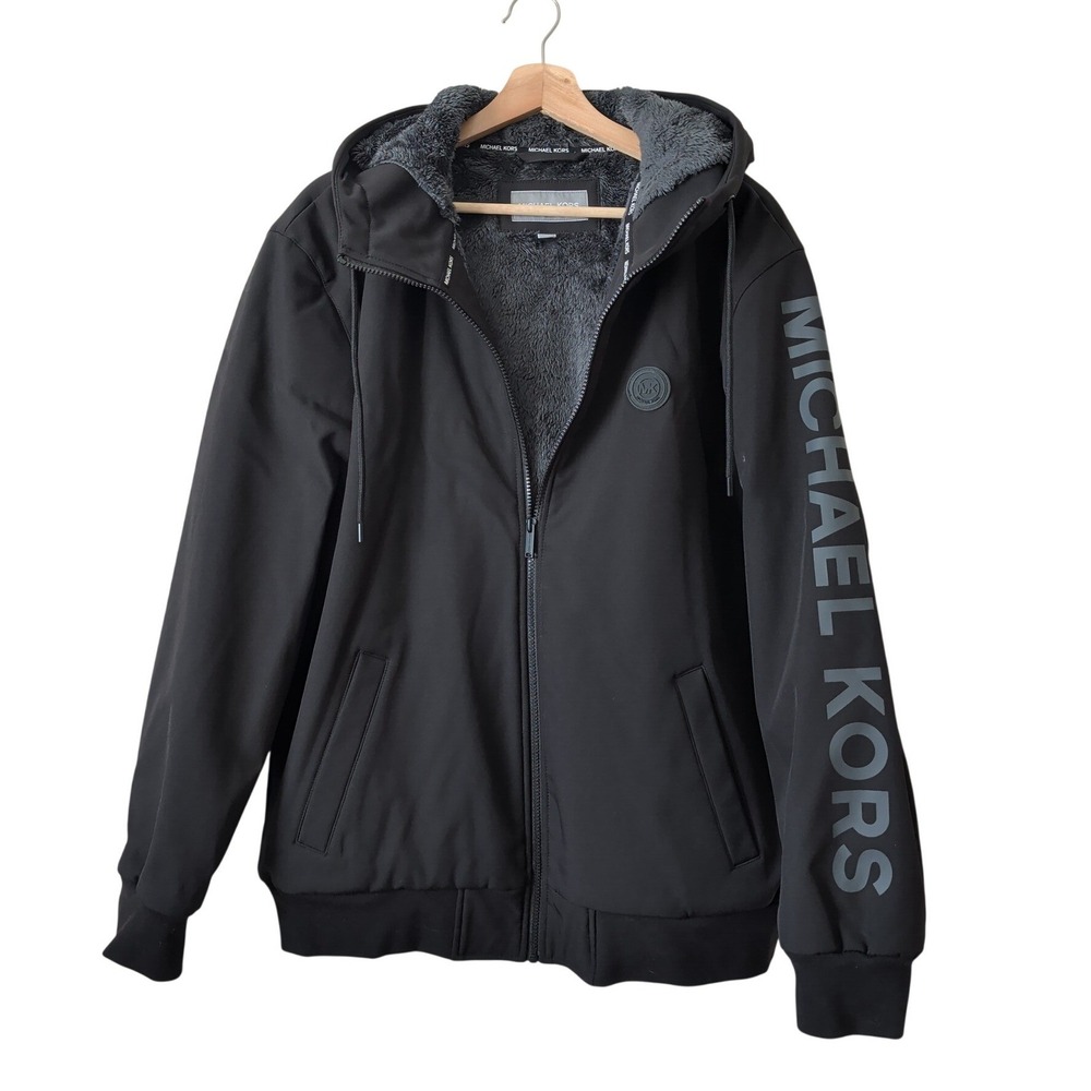 Michael Kors Mens XL Black Softshell Sherpa Lined Hooded Jacket Logo Winter Warm